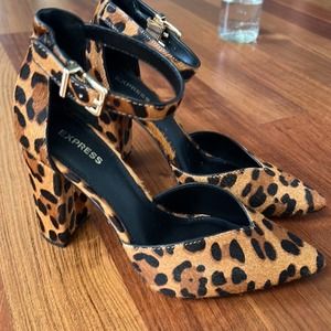Express Leopard Pattern Point Toe Chunky Heeled Ankle Strap Pumps- Size 8